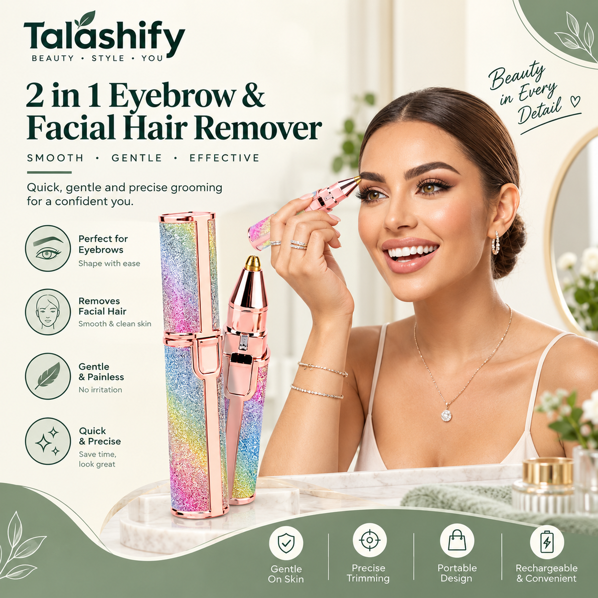 Flawless 2 in 1 Eyebrow trimmer & facial hair removal Machine ( Rechargeable)🔋
