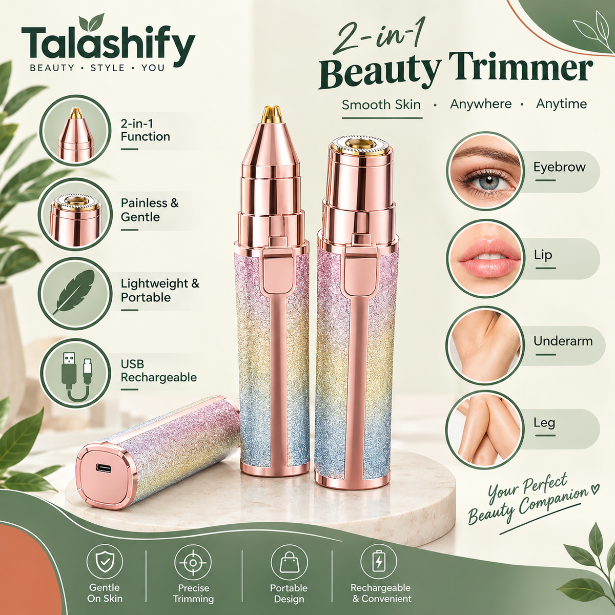 Flawless 2 in 1 Eyebrow trimmer & facial hair removal Machine ( Rechargeable)🔋