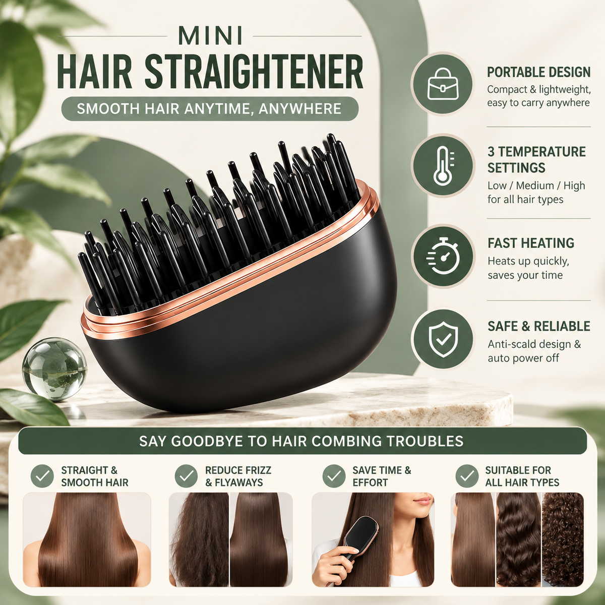 Mini Wireless Hair Straightening Comb 💚